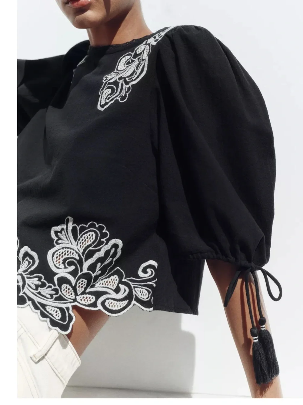 Zara Black Blouse with White Floral Embroidery